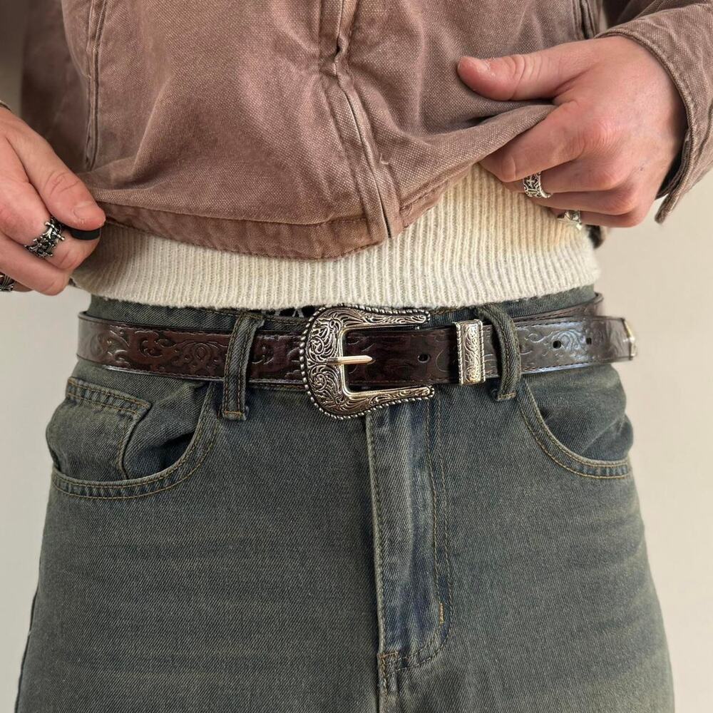 y2k brown leather and silver western cowboy boho belt - Picture 3 of 9